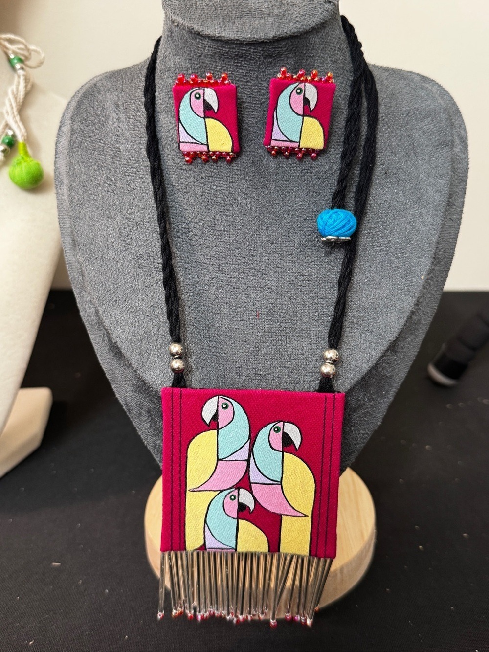 Handmade Parrot Print Pink Fabric Pendant Necklace and Earring Set - Picture 4 of 4